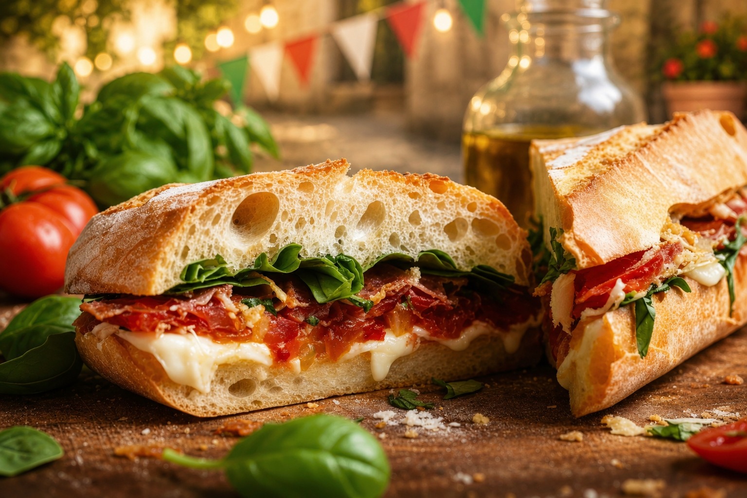 Panini artesano con tomate, queso y albahaca