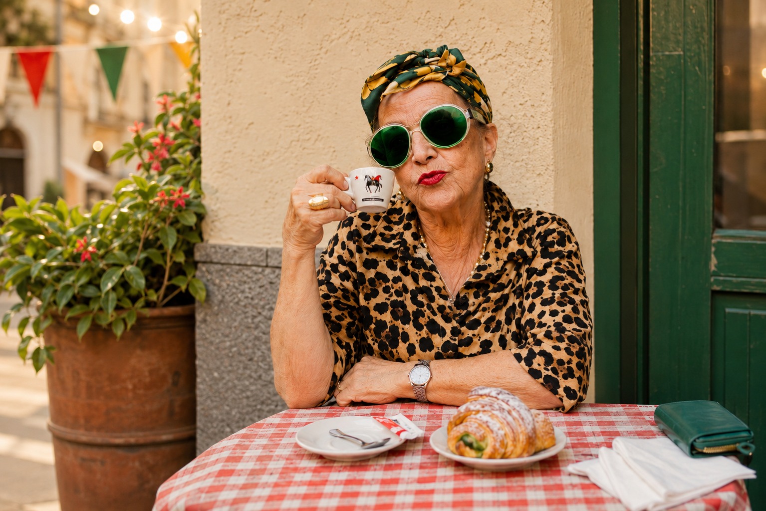 la Nonna disfrutando de un café italiano