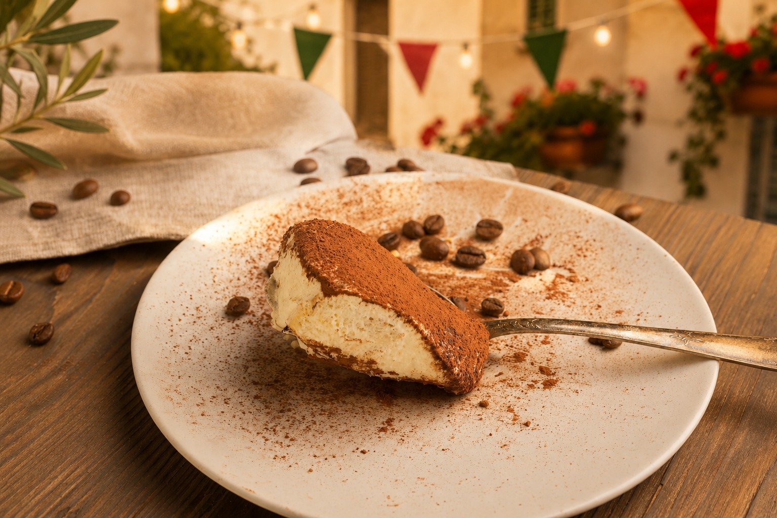 Tiramisú italiano espolvoreado con cacao