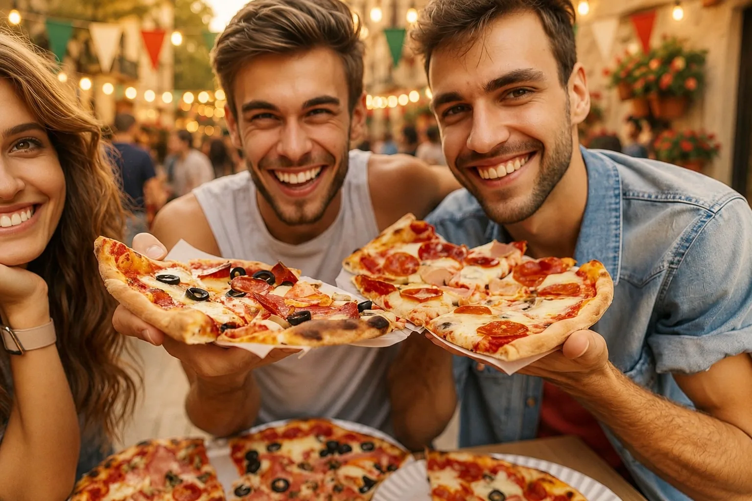Amigos compartiendo pizza en Little Italy
