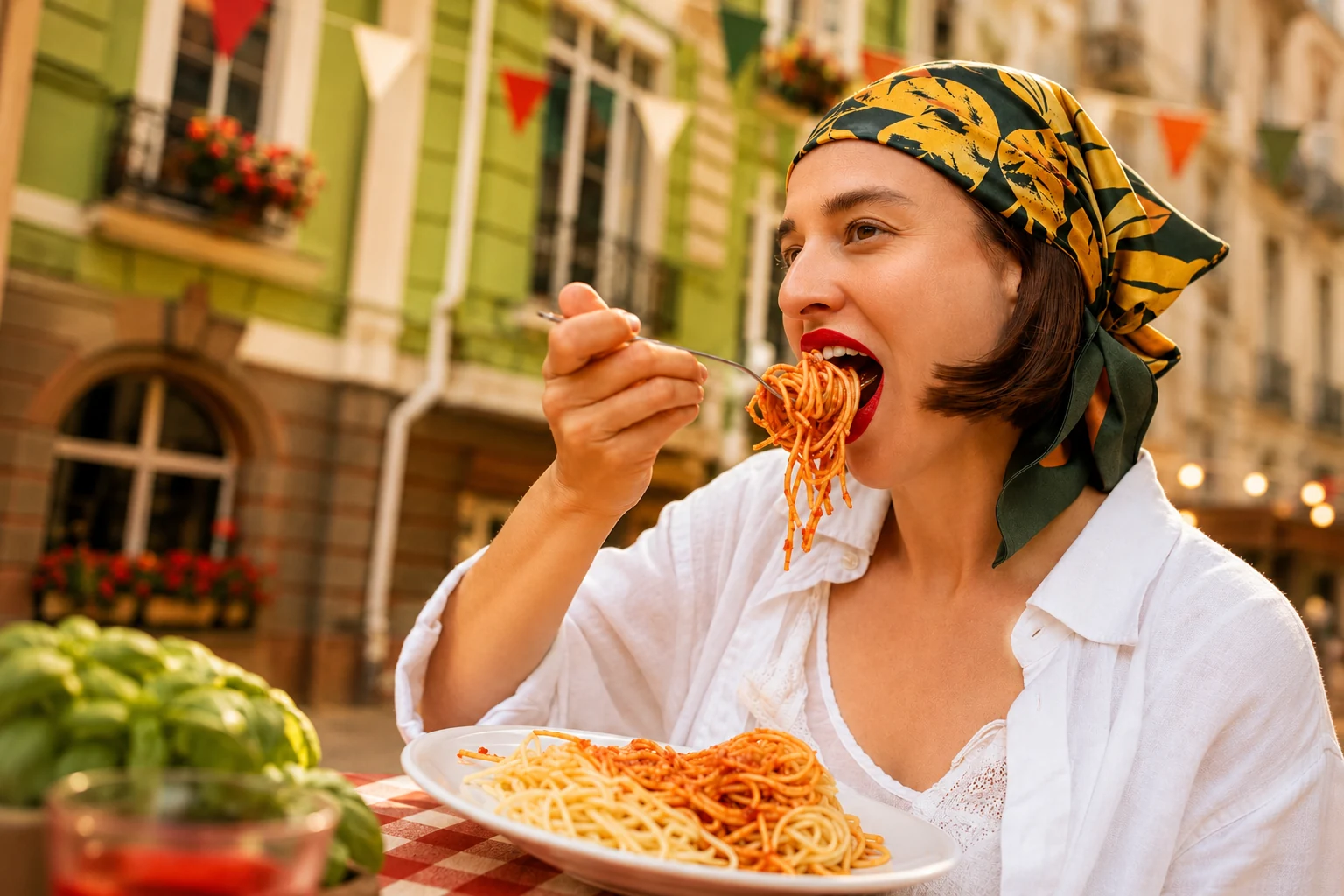 Mujer disfrutando de un plato de espaguetis en un ambiente italiano